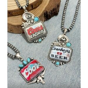 Coors Beer pendant necklace, faux Navajo pearls chain • new!